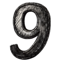 Hand-Drawn Grunge Number 9 - Black Marker Isolated on Transparent Background png