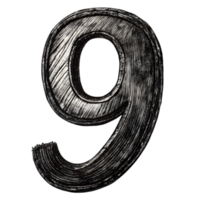 Hand-Drawn Grunge Number 9 - Black Marker Isolated on Transparent Background png