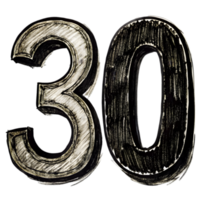 Hand-Drawn Grunge Number 30 - Black Marker Isolated on Transparent Background png