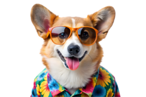 Happy Pembroke Welsh Corgi Wearing a Hawaiian Shirt - Black Background png