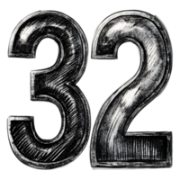 Hand-Drawn Grunge Number 32 - Black Marker Isolated on Transparent Background png