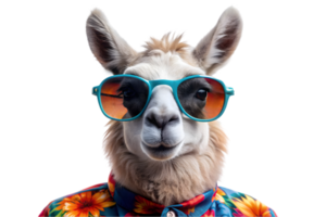 Happy Llama Wearing a Hawaiian Shirt and Sunglasses - Transparent Background png
