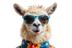 Happy Alpaca Wearing a Hawaiian Shirt and Sunglasses - Transparent Background png