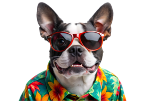 Lycklig boston terrier bär en hawaiian skjorta och solglasögon - transparent bakgrund png