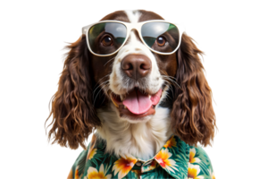 Happy English Springer Spaniel Wearing a Hawaiian Shirt - Transparent Background png