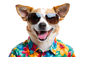 Lycklig hund bär en hawaiian skjorta och solglasögon - transparent bakgrund png