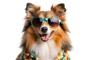 feliz Shetland cão de guarda vestindo uma havaiano camisa e oculos de sol - transparente fundo png
