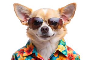 Happy Chihuahua Wearing a Hawaiian Shirt and Sunglasses - Transparent Background png