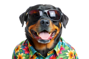 Happy Rottweiler Wearing a Hawaiian Shirt and Sunglasses - Transparent Background png