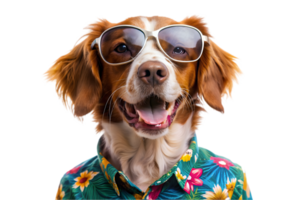 Lycklig brittany hund bär en hawaiian skjorta och solglasögon - transparent bakgrund png