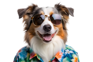 Happy Miniature American Shepherd Wearing a Hawaiian Shirt - Transparent Background png