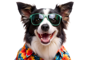 Happy Border Collie Wearing a Hawaiian Shirt and Sunglasses - Transparent Background png