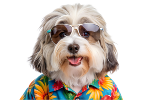 Happy Havanese Wearing a Hawaiian Shirt and Sunglasses - Transparent Background png