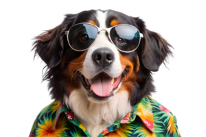 Happy Bernese Mountain Dog Wearing a Hawaiian Shirt - Transparent Background png