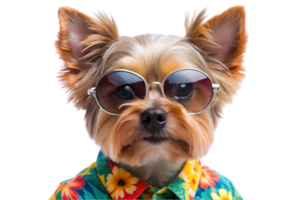 Lycklig yorkshire terrier bär en hawaiian skjorta och solglasögon - transparent bakgrund png