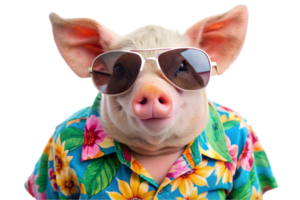 Happy Pig Wearing a Hawaiian Shirt and Sunglasses - Transparent Background png