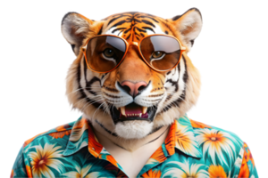 Happy Tiger Wearing a Hawaiian Shirt and Sunglasses - Transparent Background png