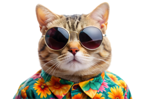 Happy Cat Wearing a Hawaiian Shirt and Sunglasses - Transparent Background png