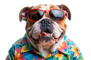 Happy Bulldog Wearing a Hawaiian Shirt and Sunglasses - Transparent Background png