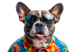 contento francese bulldog indossare un' hawaiano camicia e occhiali da sole - trasparente sfondo png