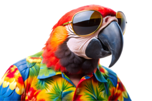 Happy Parrot Wearing a Hawaiian Shirt and Sunglasses - Transparent Background png