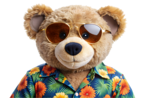 Happy Bear Wearing a Hawaiian Shirt and Sunglasses - Transparent Background png