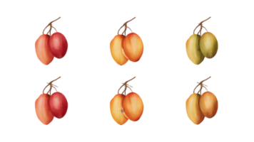 ein Ast mit Mangos und Blätter im anders Stufen von Reife - - transparent Hintergrund png