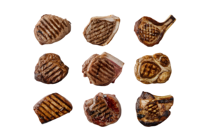 un' impostato di nove grigliato bistecche ogni uno unico - trasparente sfondo png