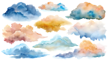 A Set of Flat Watercolor Clouds Isolated on Transparent Background png