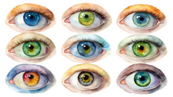 A Set of 10 Flat Watercolor Eye Pupils Isolated on Transparent Background png