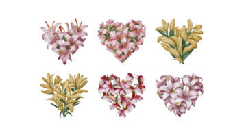 A Set of Six Flat Watercolor Hearts Made of Flowers - Transparent Background png