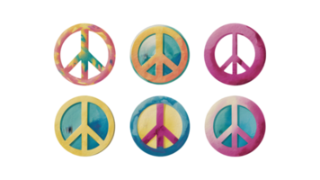 A Set of Six Flat Watercolor Peace Signs - Transparent Background png