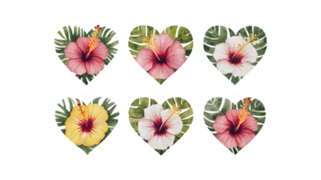 A Set of Six Flat Watercolor Hearts Made of Flowers - Transparent Background png