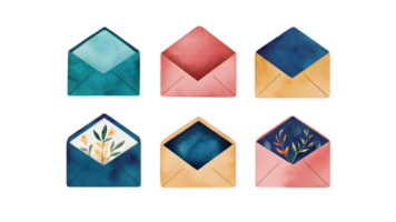 A Set of Six Flat Watercolor Closed Envelopes - Transparent Background png