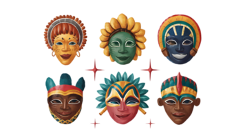 A Set of Six Flat Watercolor African Masks - Transparent Background png