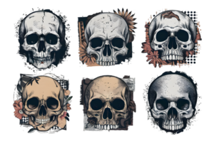 Collection of Gritty Skull Collage Elements Infused with Florals - Transparent Background png