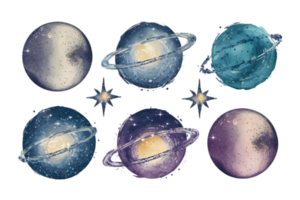 Set of Celestial Elements Such as Moons, Stars, and Planets - Transparent Background png