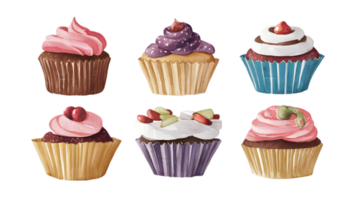 A Set of Watercolor Cupcakes Flat - Transparent Background png