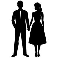 a young couple standing with holding hand each other, side by side silhouette vector