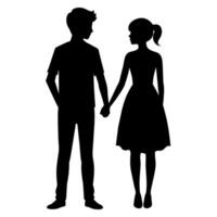 a young couple standing with holding hand each other, side by side silhouette vector