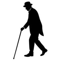 antiguo hombre caminando y confiando en un caña, conjunto en contra un blanco antecedentes vector