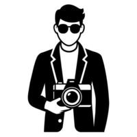 joven elegante fotógrafo en pie con participación un dslr cámara silueta vector