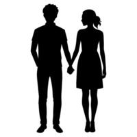 a young couple standing with holding hand each other, side by side silhouette vector