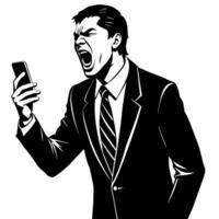 un negocio hombre hablando con móvil teléfono con enojado modo silueta, blanco antecedentes vector