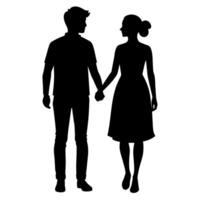 a young couple standing with holding hand each other, side by side silhouette vector