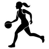 a slim female basketball player run fast, holding the ball silhouette vector