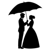 A Romantic couple holding umbrella silhouette, isolated white background vector