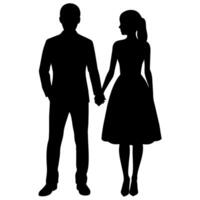 a young couple standing with holding hand each other, side by side silhouette vector