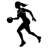 un Delgado hembra baloncesto correr rápido, participación el pelota silueta vector