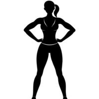 a slim woman stands with her hands on her hips, doing exercises silhouette vector